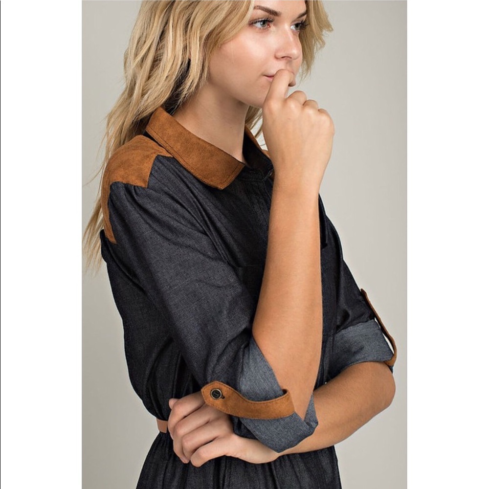 Belted Chambray Dress with Suede Contrast - Picture 4 of 6